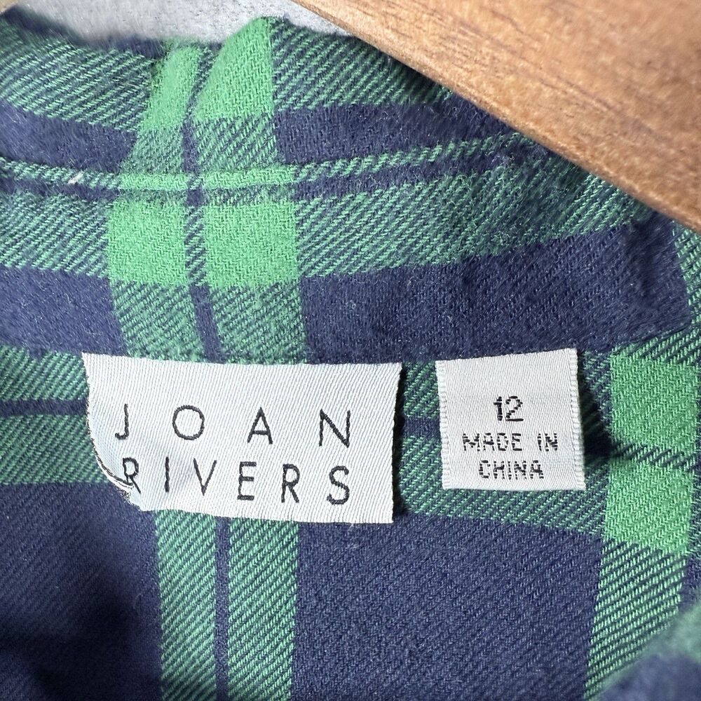 Joan Rivers Flannel Peplum Shirt Sz 12 Green Blue Cotton Plaid Button Down - Picture 4 of 13